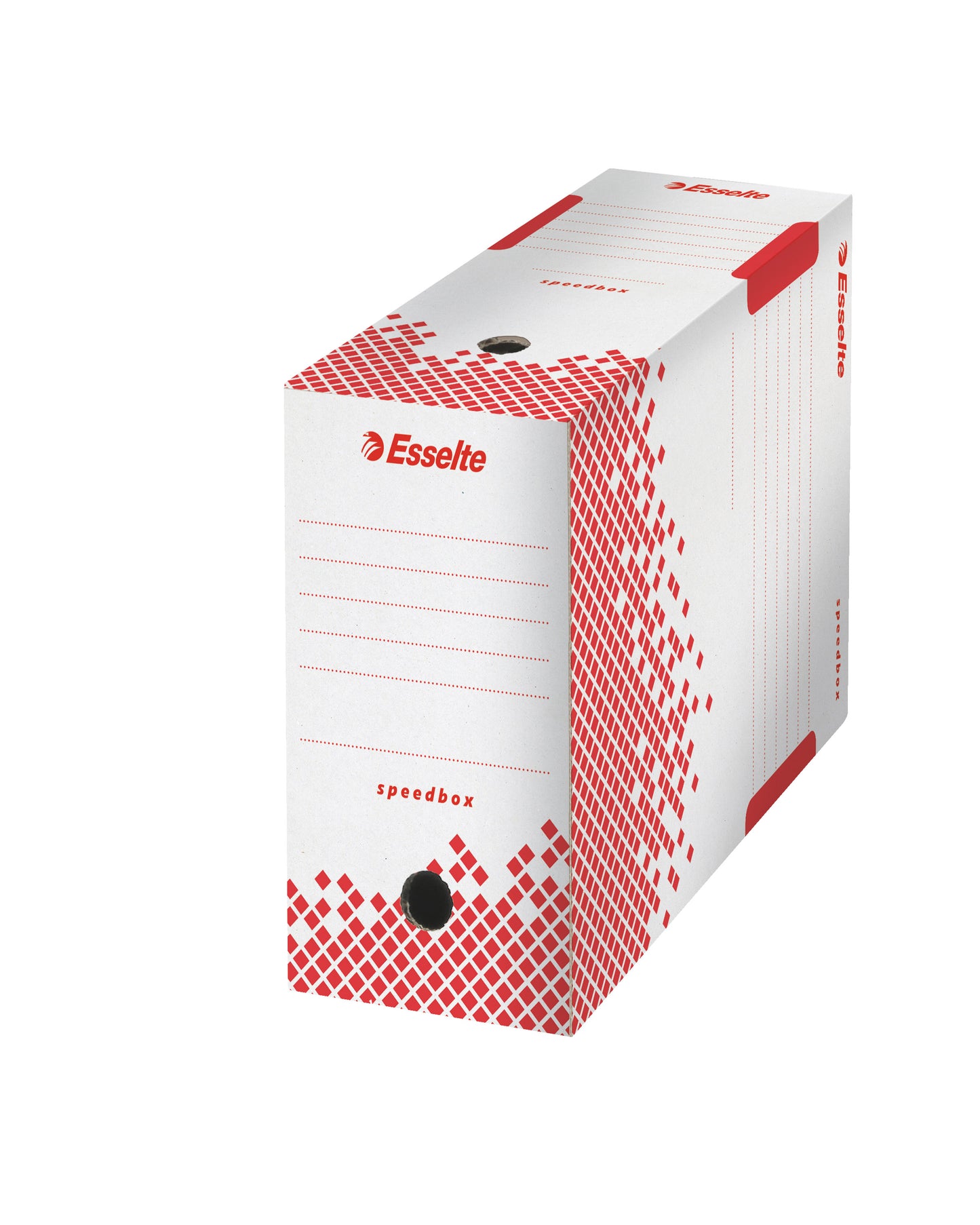 Cutie de arhivare albă Esselte Speedbox cu cotor de 150 mm, din carton reciclat, cu asamblare rapidă, ideală pentru organizarea documentelor A4