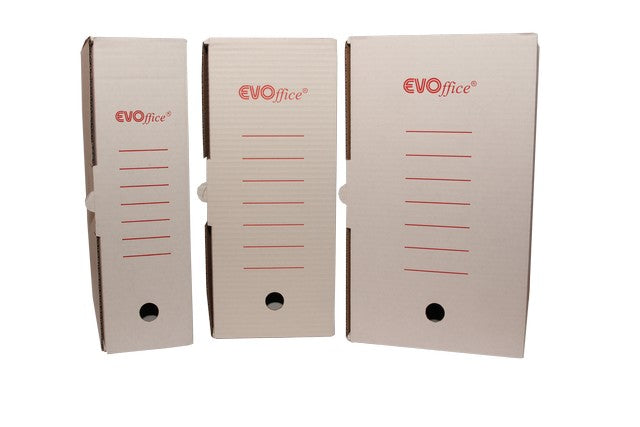 Cutie de arhivare EVOffice din carton ondulat alb, dimensiuni 350x250x200 mm, certificată FSC, ideală pentru depozitarea sigură a documentelor și dosarelor de birou.