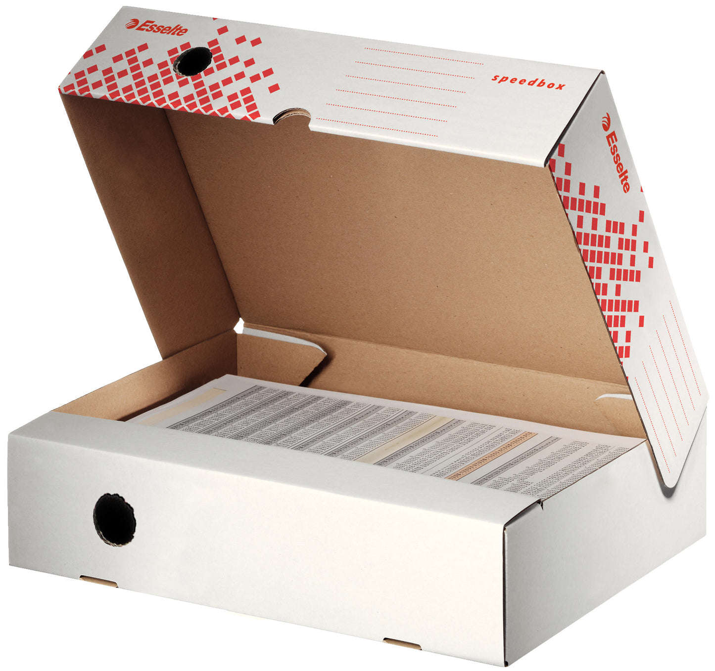 Cutie de arhivare orizontală Esselte Speedbox cu cotor de 80 mm, din carton reciclat, ideală pentru organizarea eficientă a documentelor A4 pe birou sau raft
