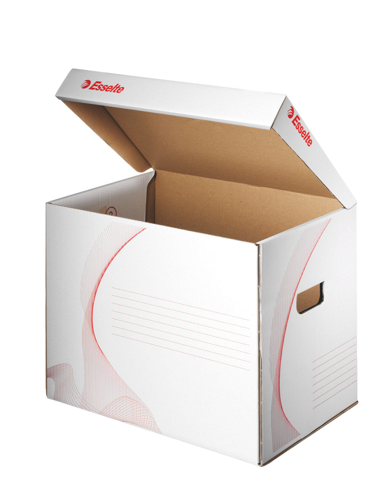 Cutie de depozitare universală cu capac Esselte, din carton alb reciclat, ideală pentru transportul documentelor și accesoriilor de birou, certificată FSC.