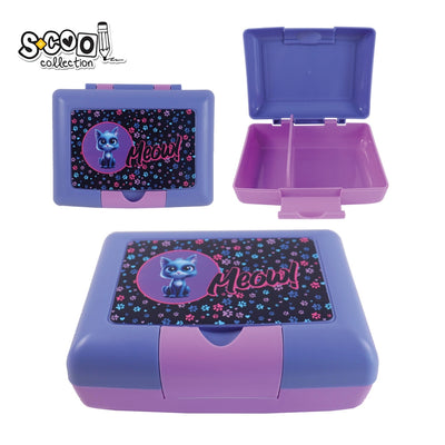 Cutie de sandwich compartimentată S-Cool Meow de 900 ml din plastic cu design cu pisicuță pentru fete