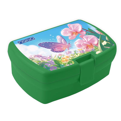 Cutie sandwich NEBO verde cu autocolant vesel, ideală pentru școală.