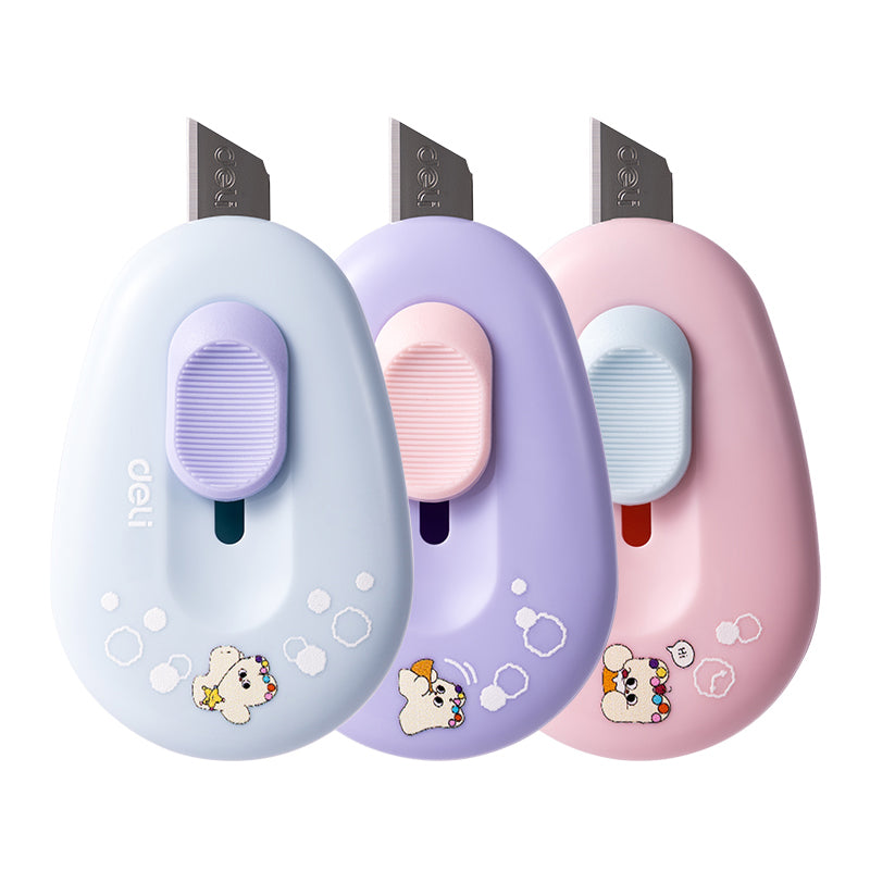 Cutter mini rotund Deli M155 în culori pastel cu lamă retractabilă din aliaj și sistem de blocare.