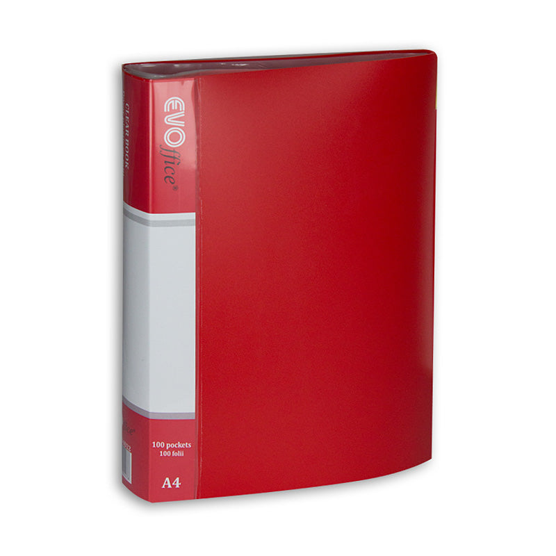 Dosar cu 100 de folii Evoffice roșu cu cutie de protecție, ideal pentru prezentări profesionale și arhivarea cataloagelor.