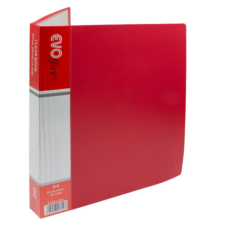 Dosar cu 40 de folii Evoffice roșu cu coperți rigide, ideal pentru prezentări profesionale, cataloage și organizarea voluminoasă a documentelor A4.
