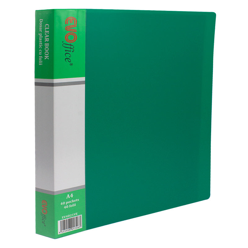 Dosar cu 40 de folii Evoffice verde cu coperți rigide, ideal pentru prezentări profesionale, cataloage și organizarea voluminoasă a documentelor A4.