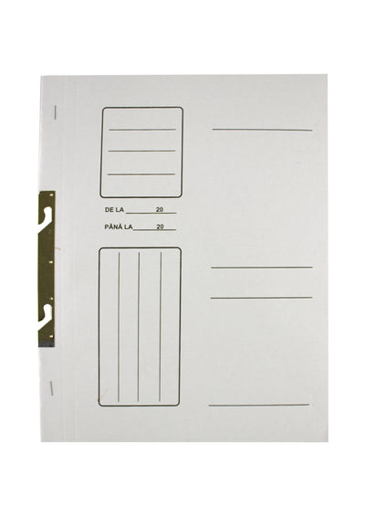 Dosar încopciat din carton alb Evoffice, format A4, cu șină metalică, ideal pentru arhivarea documentelor în bibliorafturi