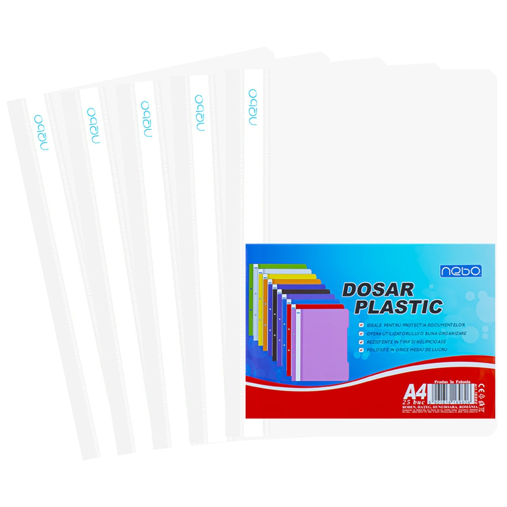 Dosar din plastic alb Nebo format A4, cu șină metalică și copertă frontală transparentă, ideal pentru arhivarea eficientă a documentelor