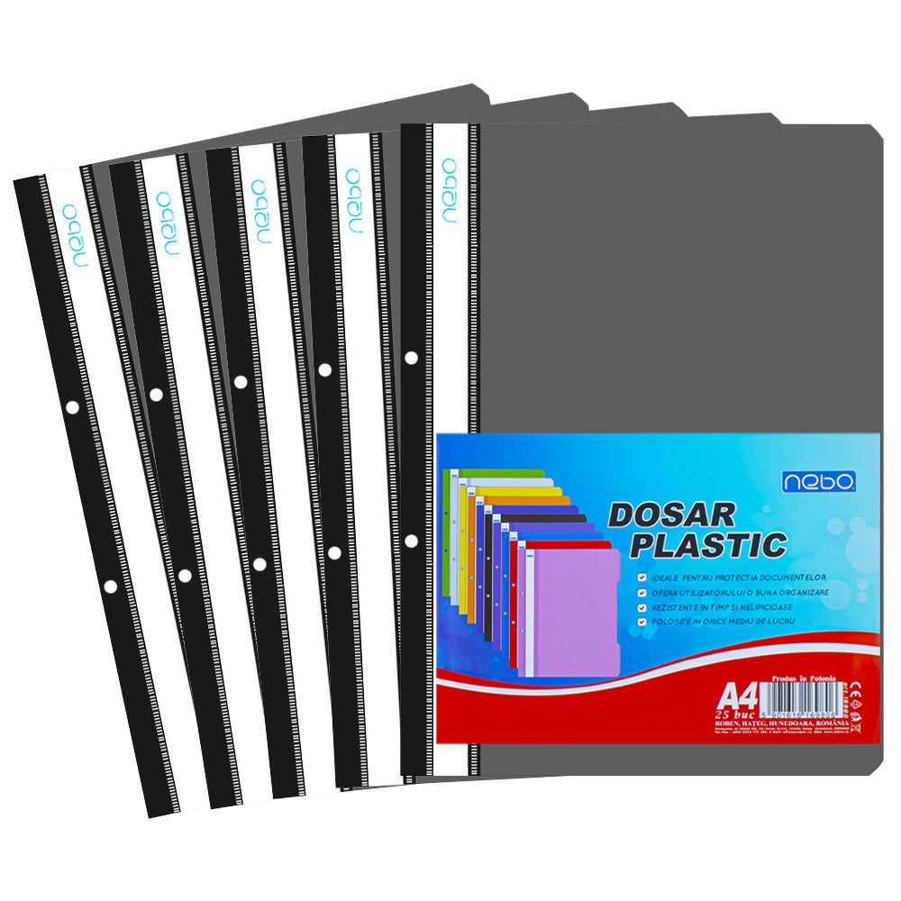 Dosar din plastic negru Nebo format A4, cu șină metalică și copertă frontală transparentă, ideal pentru organizarea profesională și arhivarea documentelor la birou