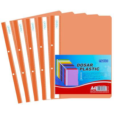 Dosar din plastic portocaliu Nebo format A4, cu șină metalică și copertă frontală transparentă, ideal pentru sortarea vizuală a documentelor și arhivarea activă.