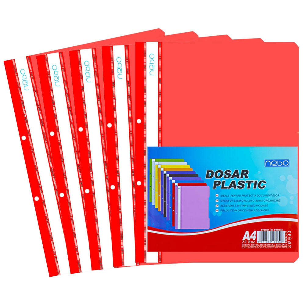 Dosar din plastic roșu Nebo format A4, cu șină metalică și copertă frontală transparentă, ideal pentru evidențierea documentelor prioritare la birou