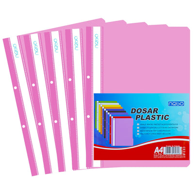 Dosar din plastic roz Nebo format A4, cu șină metalică și copertă frontală transparentă, ideal pentru sortarea vizuală și arhivarea documentelor.