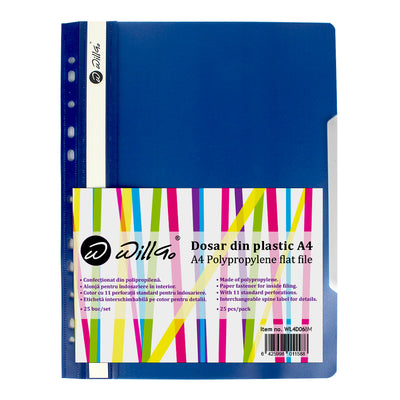 Dosar din plastic bleumarin Willgo cu șină metalică și 11 perforații, format A4, cu copertă față transparentă pentru prezentări profesionale.