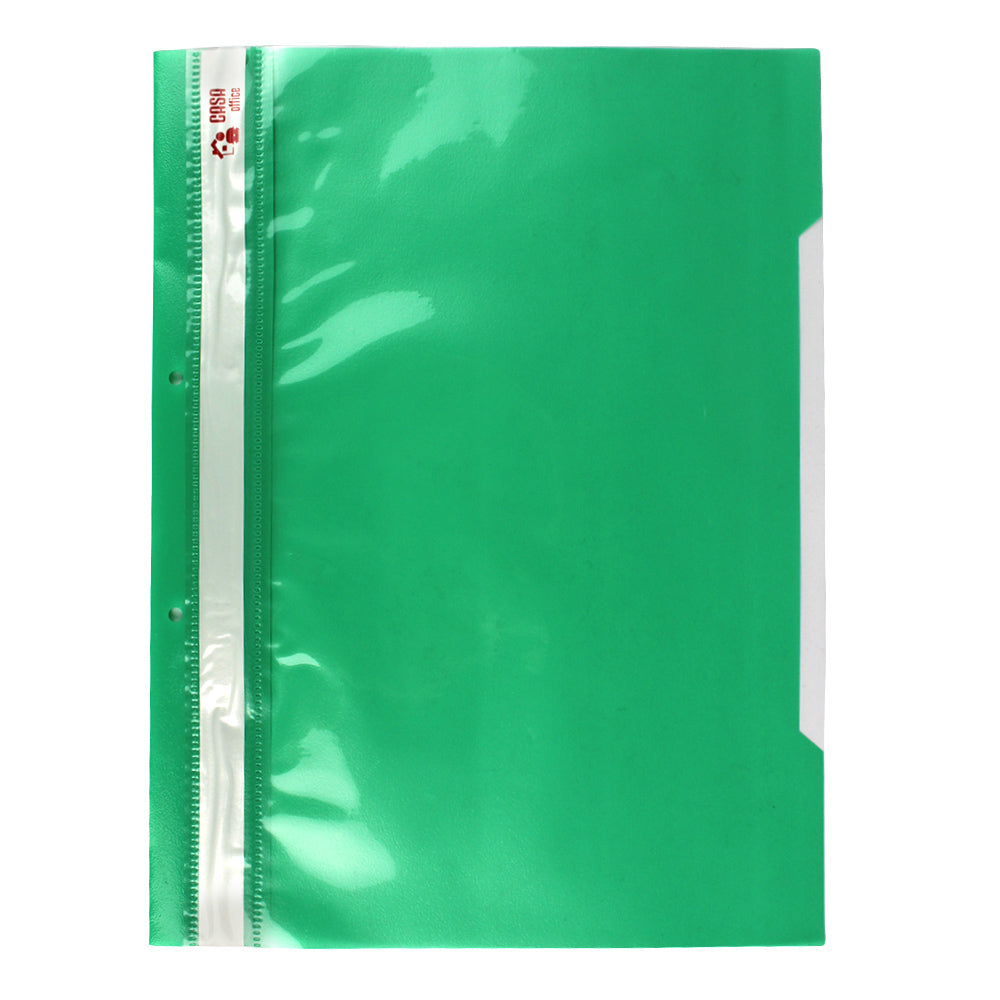 Dosar din plastic verde Evoffice cu șină și 2 perforații, format A4, cu copertă față transparentă pentru identificare ușoară și organizare eficientă