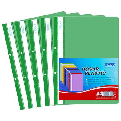 Dosar din plastic verde Nebo format A4, cu șină metalică și copertă frontală transparentă, ideal pentru organizarea vizuală și protecția documentelor.