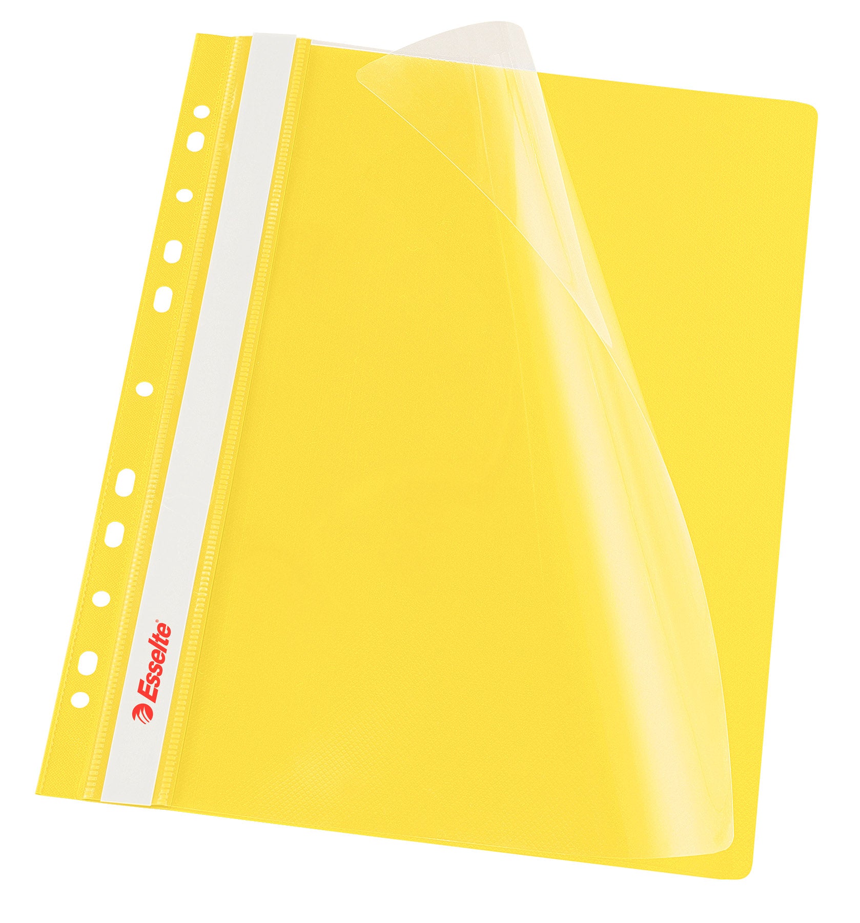 Dosar cu șină și 11 perforații ESSELTE, format A4, culoare galbenă, fabricat din polipropilenă, ideal pentru organizarea profesională a documentelor în bibliorafturi