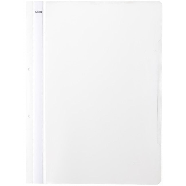 Dosar cu șină și perforații NOKI, format A4, culoare albă, din plastic, ideal pentru arhivarea flexibilă în bibliorafturi și organizarea documentelor