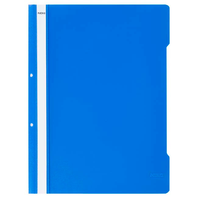 Dosar cu șină și perforații NOKI, format A4, culoare albastru cobalt, din plastic, ideal pentru arhivarea flexibilă în bibliorafturi și organizarea documentelor de birou