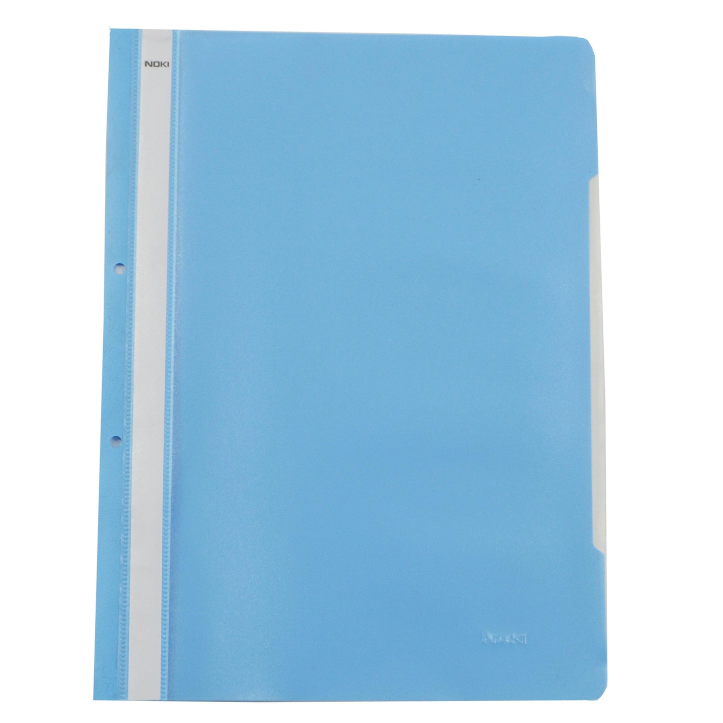 Dosar cu șină și perforații NOKI, format A4, culoare albastru deschis, din plastic, ideal pentru arhivarea flexibilă în bibliorafturi și organizarea documentelor de birou