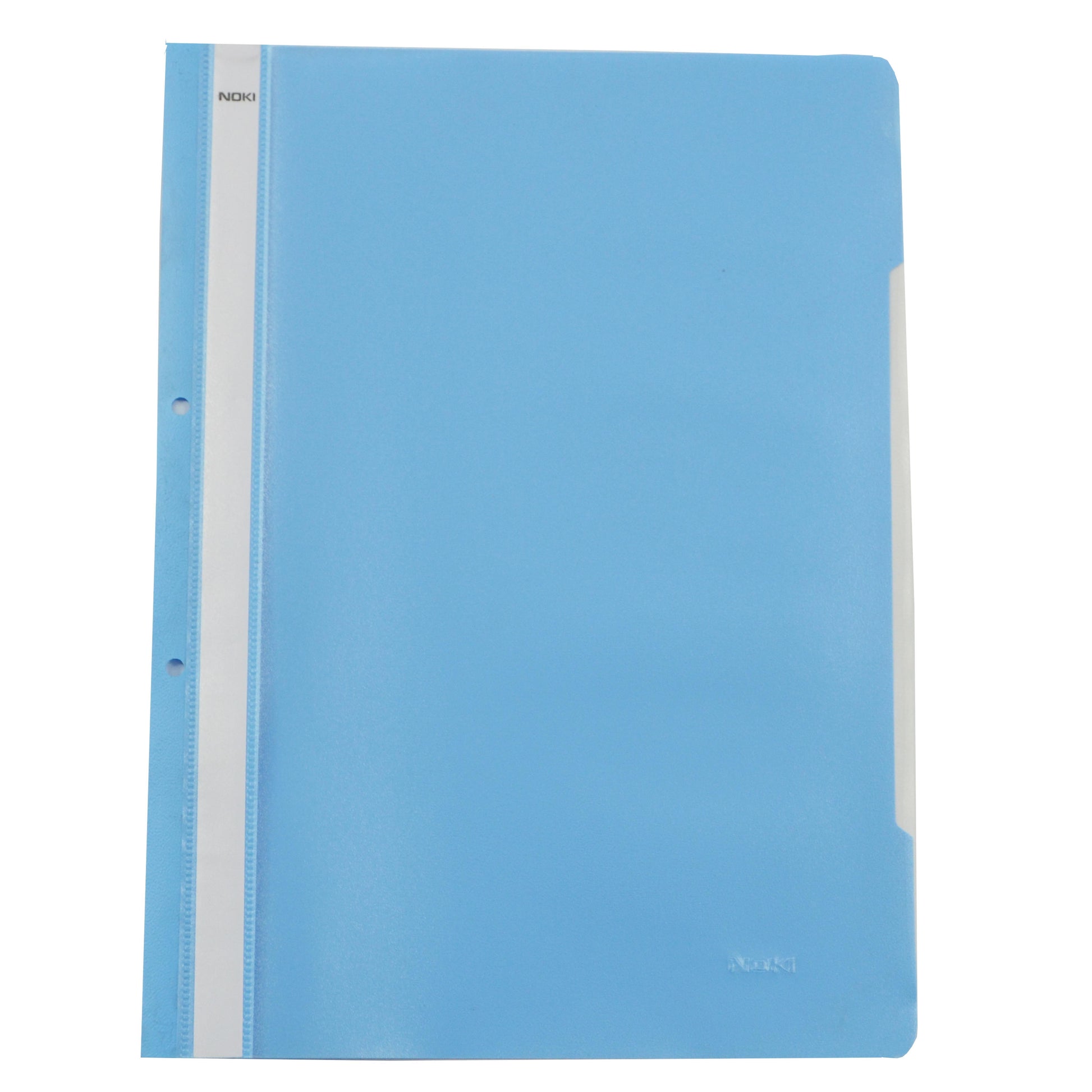 Dosar cu șină și perforații NOKI, format A4, culoare albastru deschis, din plastic, ideal pentru arhivarea flexibilă în bibliorafturi și organizarea documentelor de birou