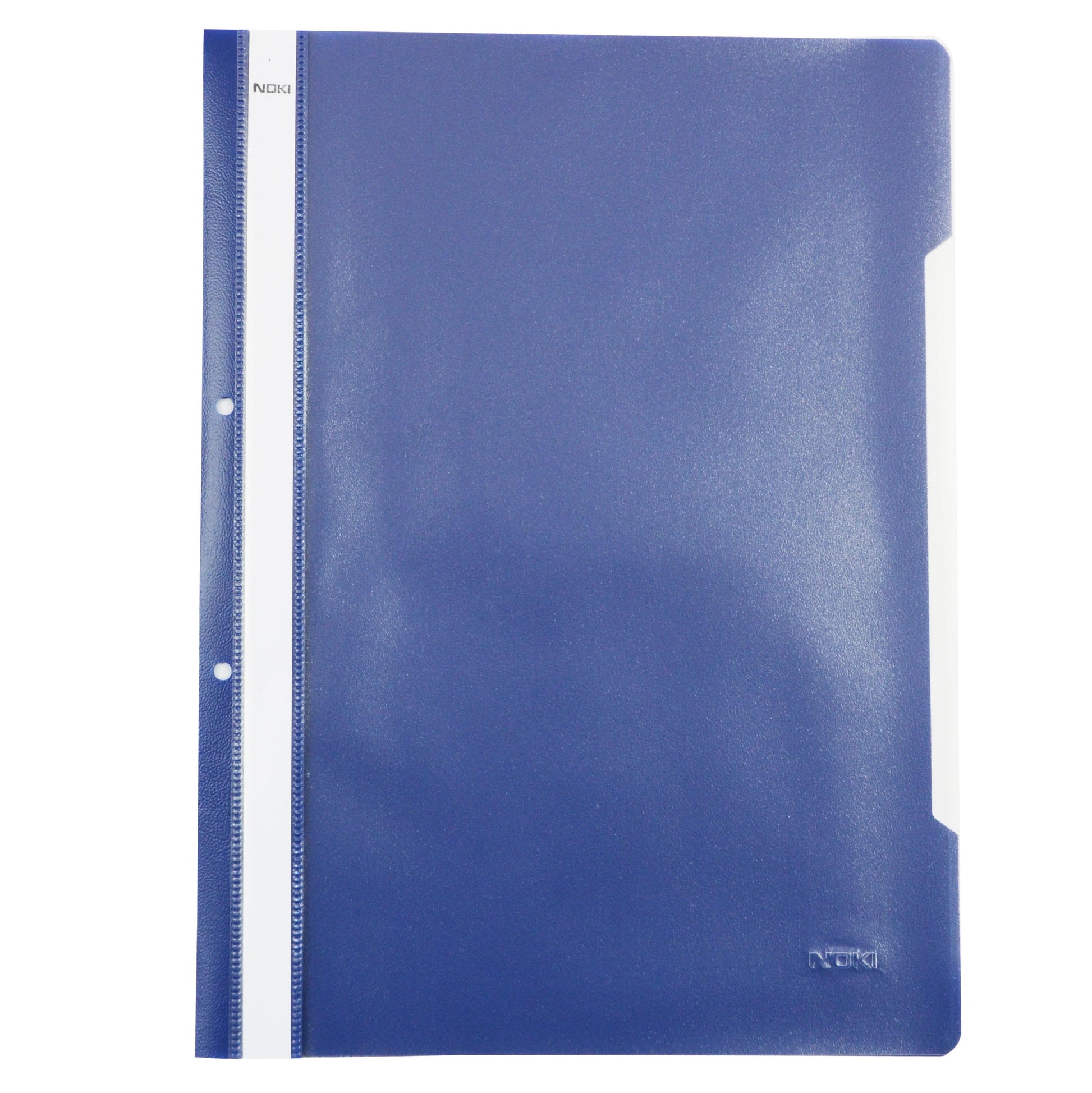 Dosar cu șină și perforații NOKI, format A4, culoare bleumarin, din plastic, ideal pentru arhivarea flexibilă în bibliorafturi și organizarea documentelor de birou