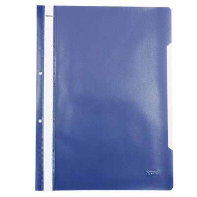 Dosar cu șină și perforații NOKI, format A4, culoare bleumarin, din plastic, ideal pentru arhivarea flexibilă în bibliorafturi și organizarea documentelor de birou