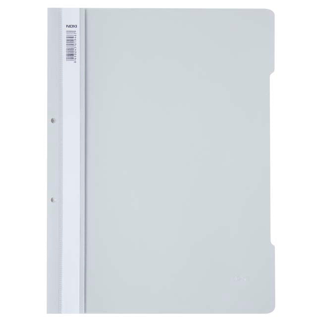 Dosar cu șină și perforații NOKI, format A4, culoare gri, din plastic, ideal pentru arhivarea flexibilă în bibliorafturi și organizarea documentelor de birou