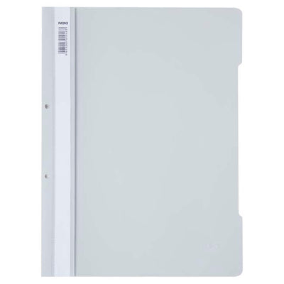 Dosar cu șină și perforații NOKI, format A4, culoare gri, din plastic, ideal pentru arhivarea flexibilă în bibliorafturi și organizarea documentelor de birou