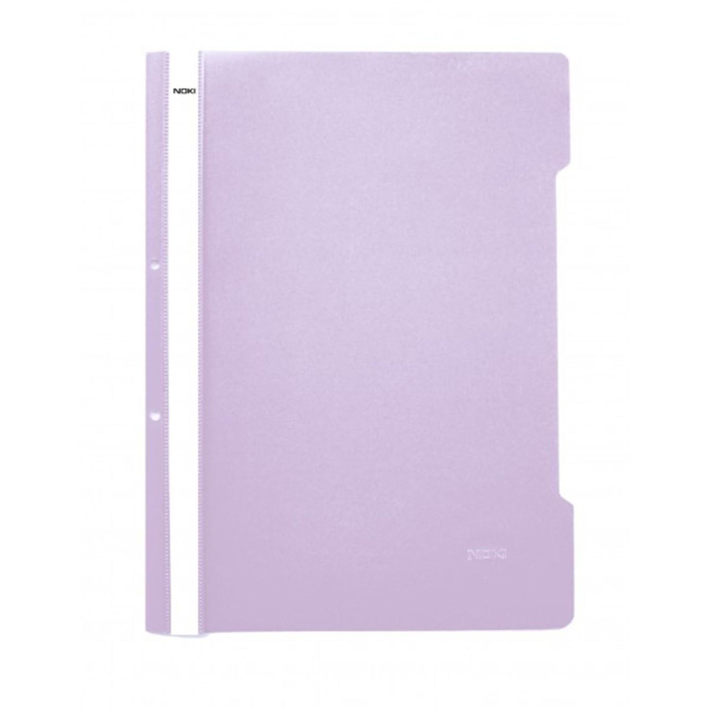 Dosar cu șină și perforații NOKI, format A4, culoare lila, din plastic, ideal pentru arhivarea flexibilă în bibliorafturi și organizarea documentelor de birou