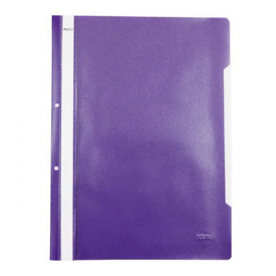Dosar cu șină și perforații NOKI, format A4, culoare mov, din plastic, ideal pentru arhivarea flexibilă în bibliorafturi și organizarea documentelor de birou