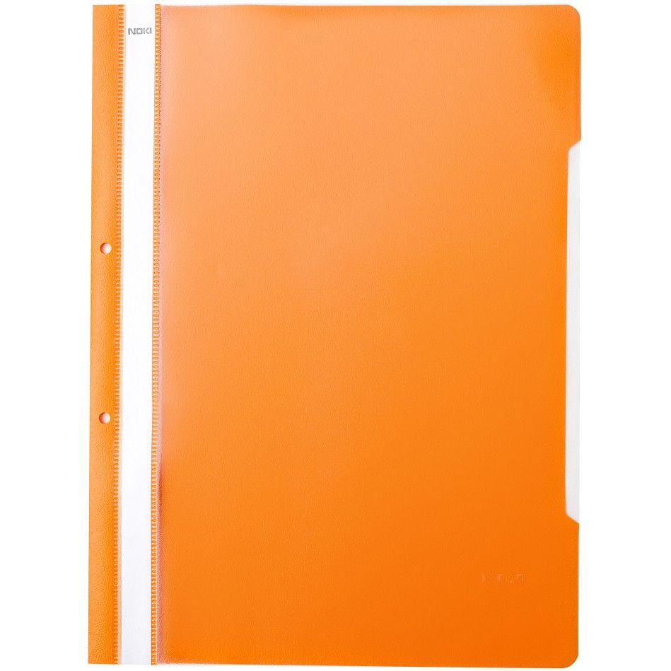 Dosar cu șină și perforații NOKI, format A4, culoare portocalie, din plastic, ideal pentru arhivarea flexibilă în bibliorafturi și organizarea documentelor de birou