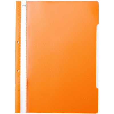 Dosar cu șină și perforații NOKI, format A4, culoare portocalie, din plastic, ideal pentru arhivarea flexibilă în bibliorafturi și organizarea documentelor de birou