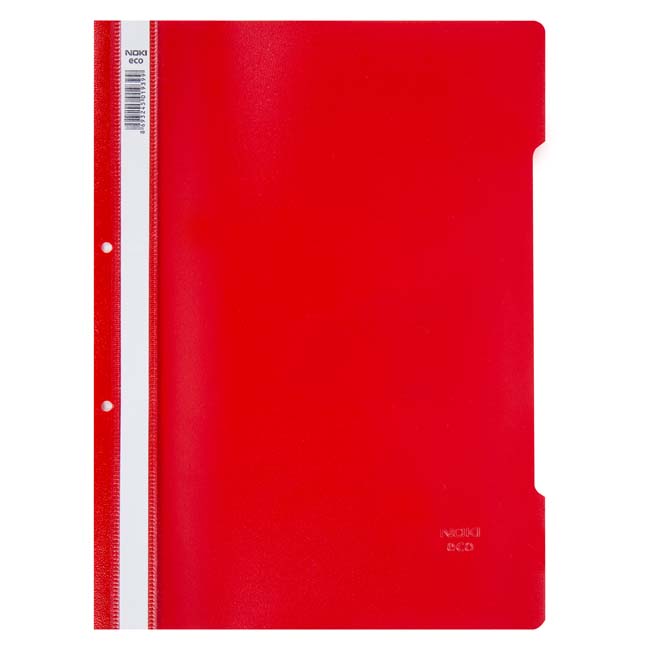 Dosar cu șină și perforații NOKI, format A4, culoare roșu, din plastic, ideal pentru arhivarea flexibilă în bibliorafturi și organizarea documentelor de birou