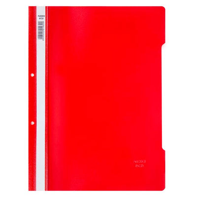 Dosar cu șină și perforații NOKI, format A4, culoare roșu, din plastic, ideal pentru arhivarea flexibilă în bibliorafturi și organizarea documentelor de birou
