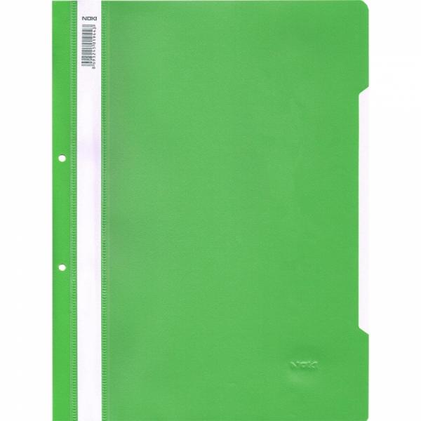 Dosar cu șină și perforații NOKI, format A4, culoare verde deschis, din plastic, ideal pentru arhivarea flexibilă în bibliorafturi și organizarea documentelor de birou