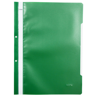 Dosar cu șină și perforații NOKI, format A4, culoare verde, din plastic, ideal pentru arhivarea flexibilă în bibliorafturi și organizarea documentelor de birou