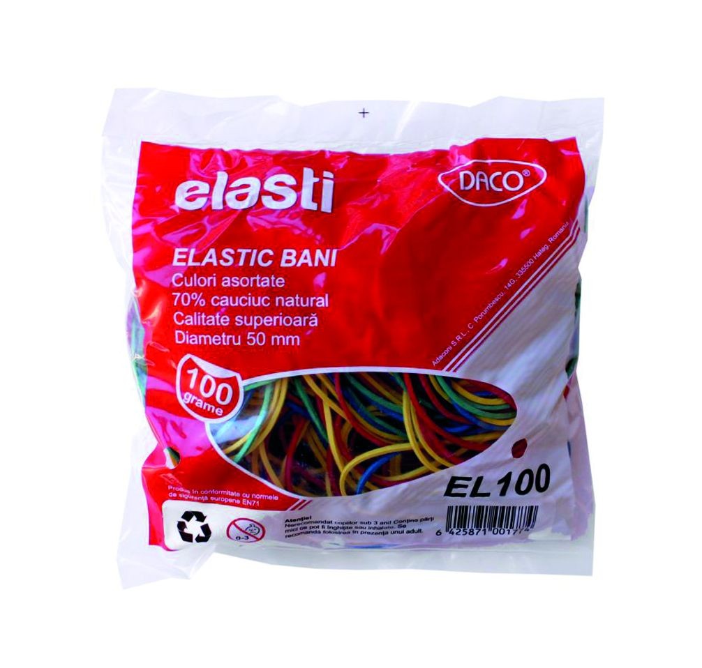 Plic cu elastice de bani DACO de 100g (EL100), ideale pentru organizarea banilor și a documentelor la birou.