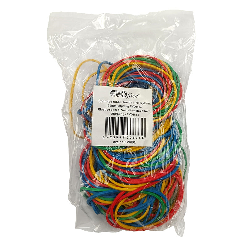 Pungă cu elastice de bani din cauciuc Evoffice 1.7 mm, diametru 50 mm, culori asortate, set 90g pentru birou și comerț.
