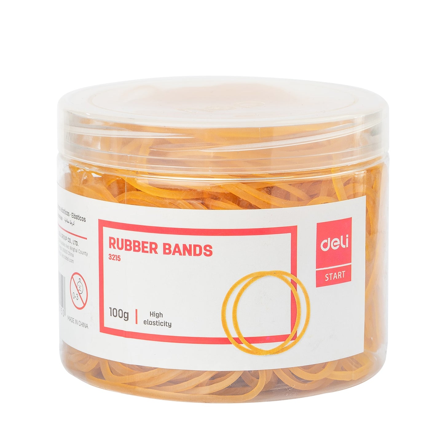 Cutie de plastic cu elastice de bani Deli 40 mm, set 100g, ideale pentru organizarea eficientă la birou.