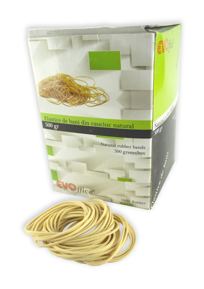Cutie de 500g cu elastice de bani din cauciuc natural Evoffice 1.7 mm, diametru 50 mm, culoare bej natur, pentru bănci și birouri.