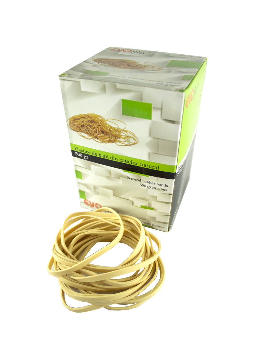 Cutie de 500g cu elastice de bani late din cauciuc natural Evoffice 5.0 mm, diametru 70 mm, culoare bej natur, pentru bănci și birouri.
