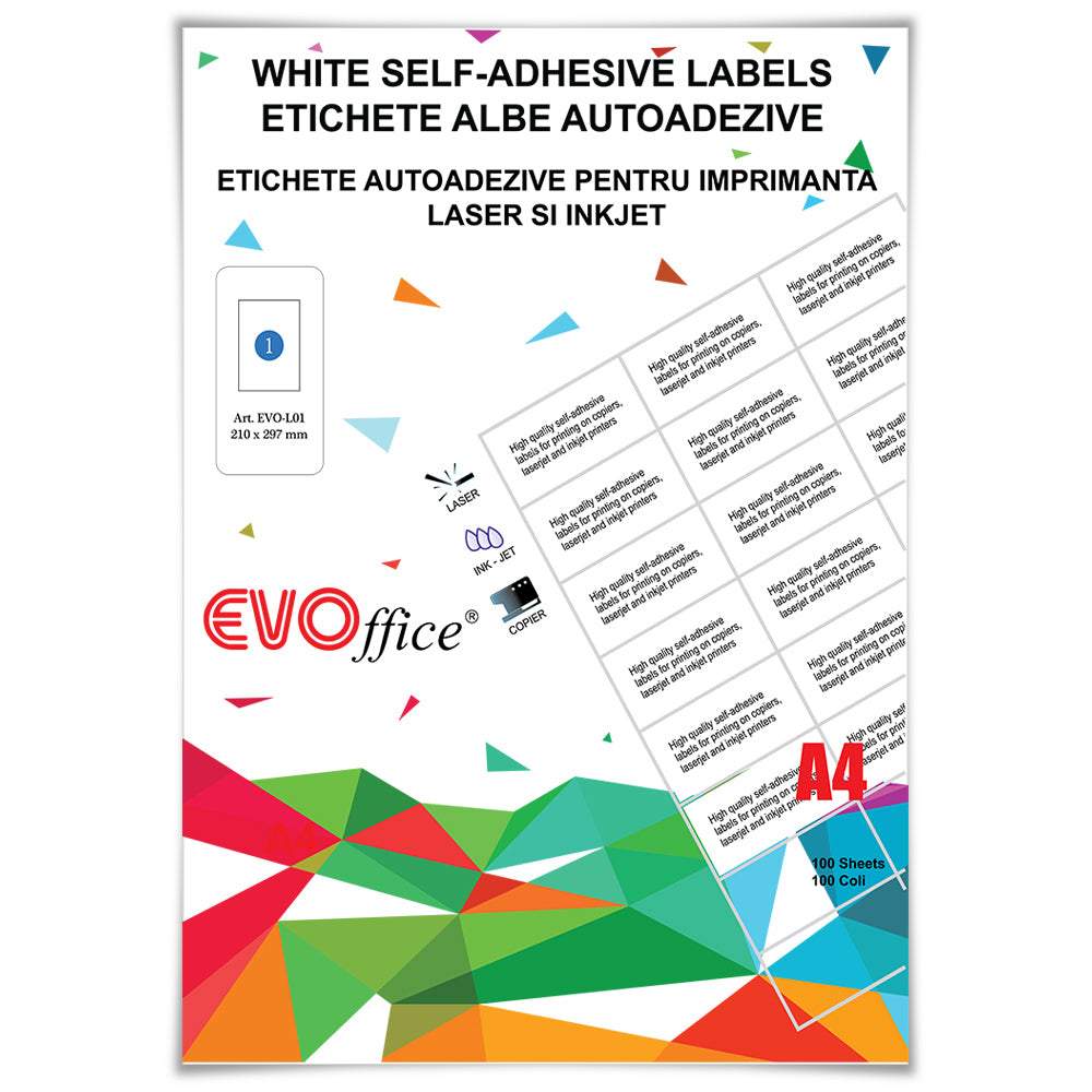 Top 100 coli etichete autoadezive A4 EVOffice, 1 etichetă pe coală cu colțuri drepte, dimensiune 210x297 mm, compatibile laser și inkjet.