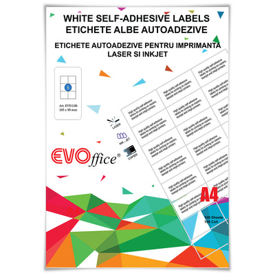 Top 100 coli etichete autoadezive A4 EVOffice, 6 etichete pe coală cu colțuri drepte, dimensiune 105x99 mm, compatibile laser și inkjet.