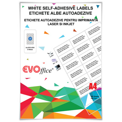 Top 100 coli etichete autoadezive rotunde A4 EVOffice, diametru 40 mm, 24 etichete pe coală, compatibile laser și inkjet