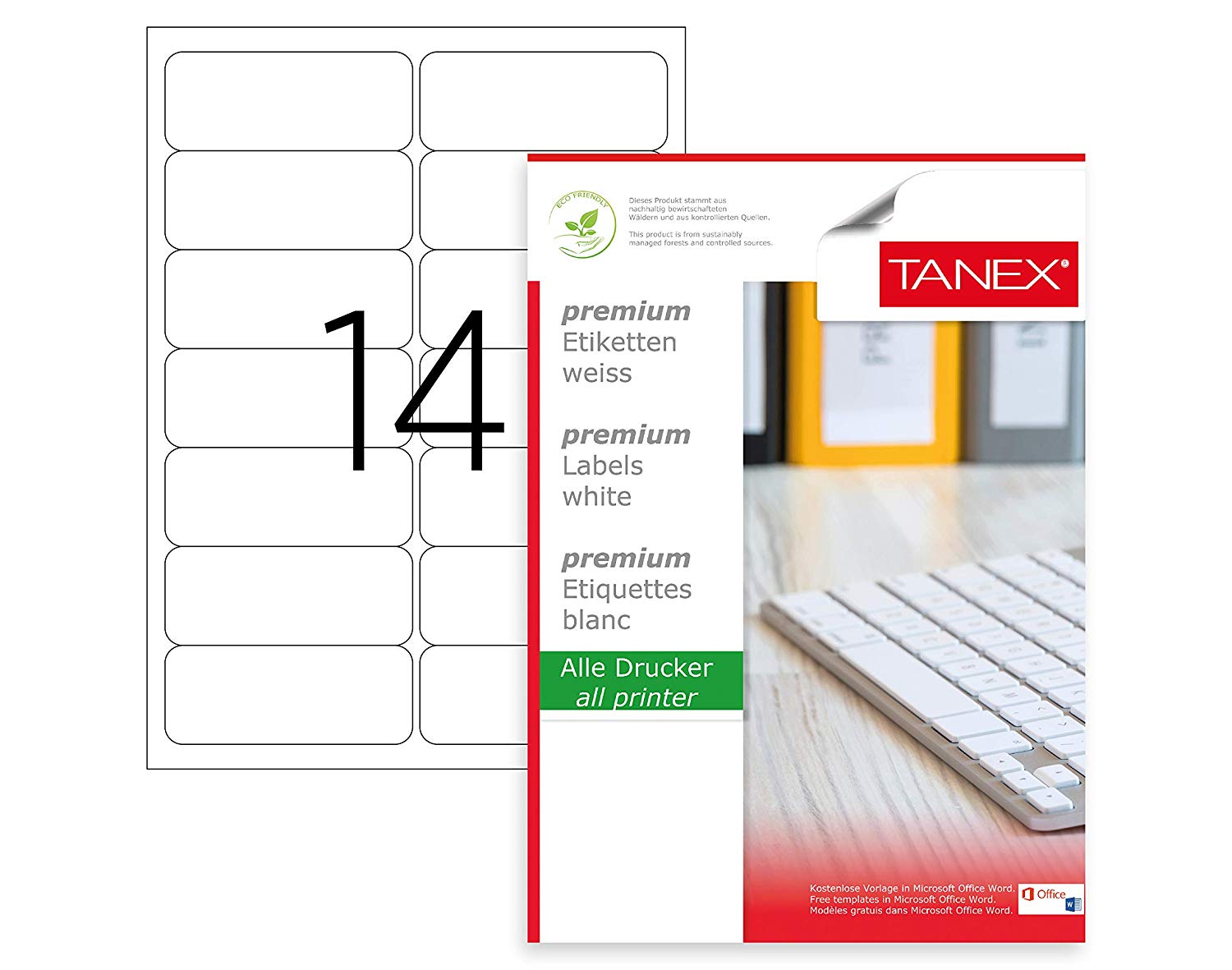 Top 100 coli etichete autoadezive A4 Tanex, 14 etichete pe coală, dimensiune 99.1x38.1 mm, compatibile laser și inkjet