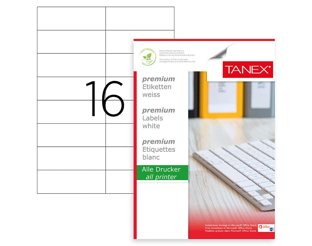 Top 100 coli etichete autoadezive A4 Tanex, 16 etichete pe coală cu colțuri drepte, dimensiune 105x37 mm, compatibile laser și inkjet.