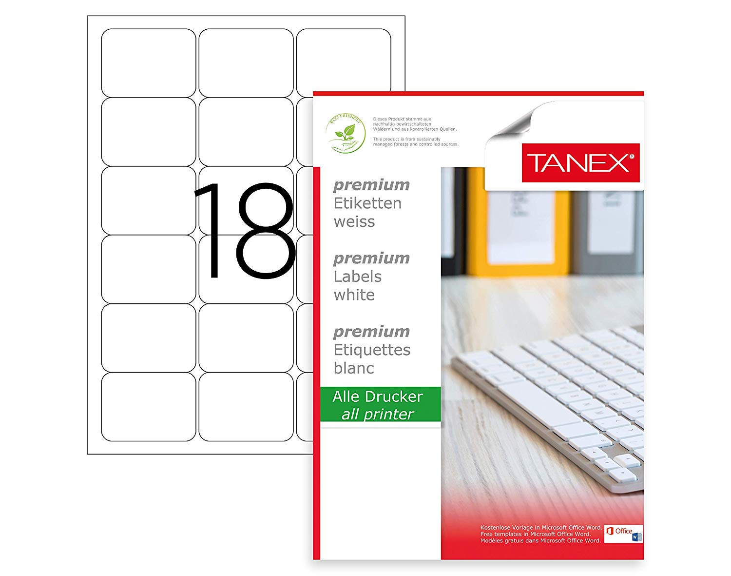 Top 100 coli etichete autoadezive A4 Tanex, 18 etichete pe coală, dimensiune 63.5x46.6 mm, compatibile laser și inkjet