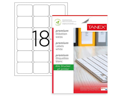 Top 100 coli etichete autoadezive A4 Tanex, 18 etichete pe coală, dimensiune 63.5x46.6 mm, compatibile laser și inkjet