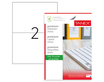Top 100 coli etichete autoadezive A4 Tanex, 2 etichete pe coală cu colțuri drepte, dimensiune 210x148.5 mm, ideale pentru colete și AWB-uri.