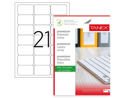 Top 25 coli etichete autoadezive A4 Tanex, 21 etichete pe coală cu colțuri rotunde, dimensiune 63.5x38.1 mm, compatibile laser și inkjet.